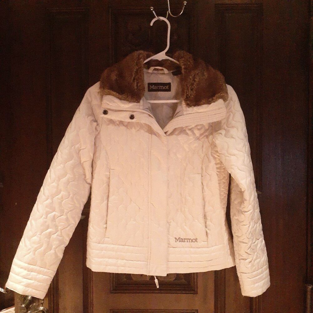 Marmot St. Moritz Quilted Fall Jacket Women's S Ivory White. Faux Fur Collar